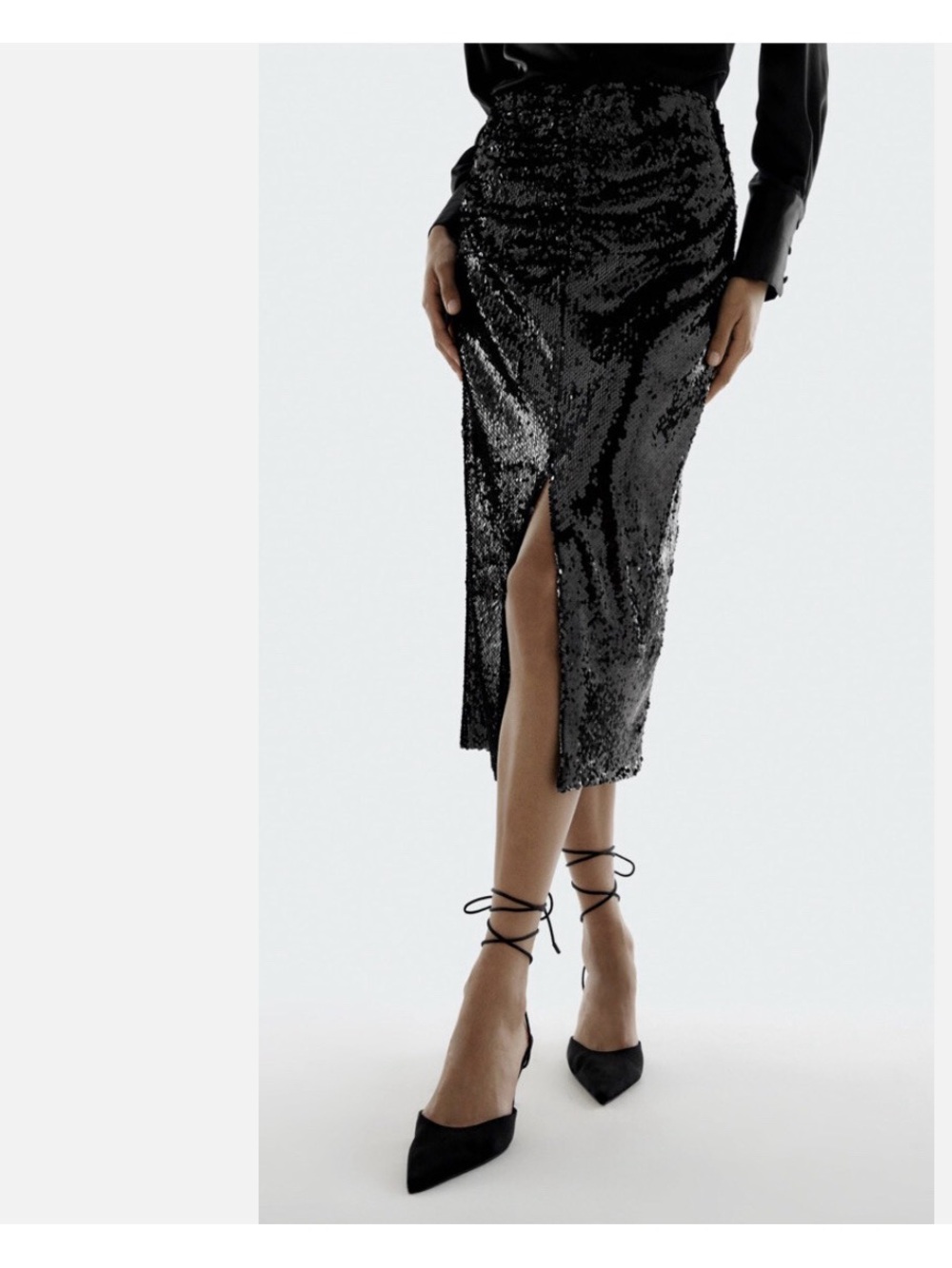 Zara Black Sequin Midi Skirt with Side Slit